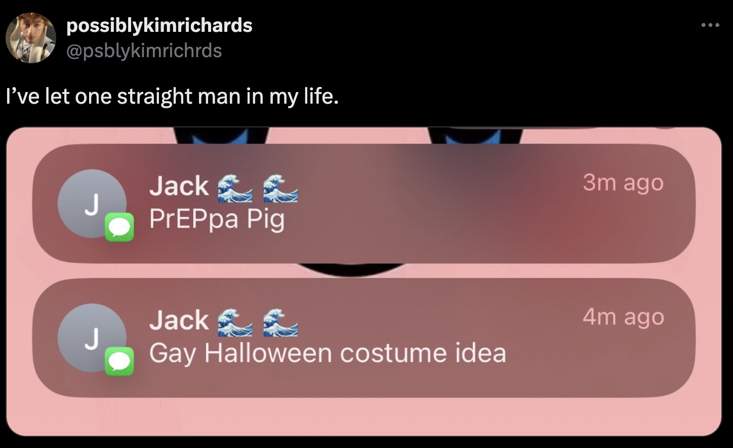 screenshot - possiblykimrichards I've let one straight man in my life. Jack J PrEPpa Pig J Jack Gay Halloween costume idea 3m ago 4m ago